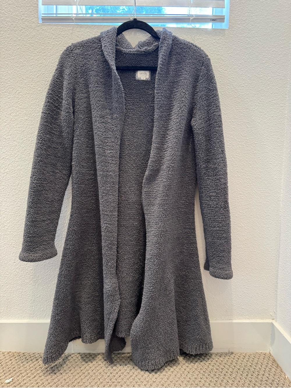 Lemon brand long cardigan made from a textured, teddy-like fabric in gray